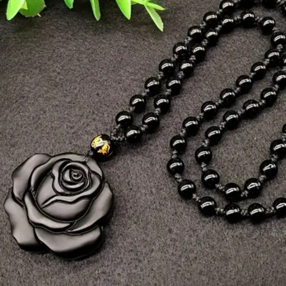 ONYX HAND-CARVED ROSE 3D 24-IN ONYX BEAD NECKLACE